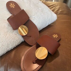 Tory Burch Tan Sandals with Gold Disc